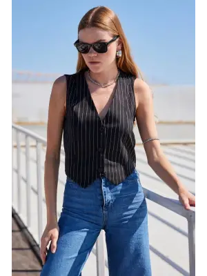 Siyah Çizgili Dokuma Yelek Erkek Giyim