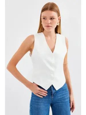 Ekru Kısa Dokuma Yelek Kadın Giyim