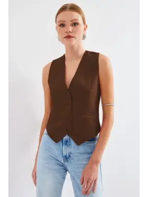 Kahverengi Kısa Dokuma Yelek Kadın Giyim