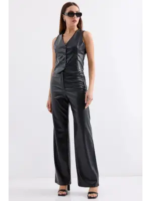 6799 Kısa Suni Deri Yelek - Siyah