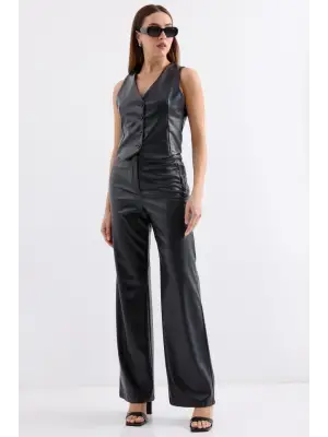 6799 Kısa Suni Deri Yelek - Siyah