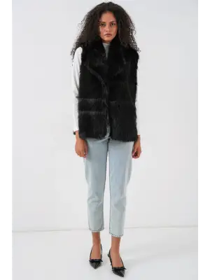 6804 Kürklü Yelek - Siyah