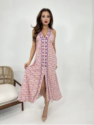 Omarı Mor Renkli Şık Elbise