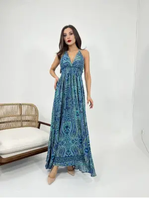 Omarı Kadife Kumaşlı Mavi Elbise