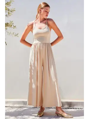 7029 Bol Paça Askılı Tulum - Bej