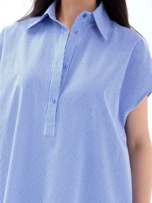 Omarı Şık Mavi Beyaz Çizgili Elbise