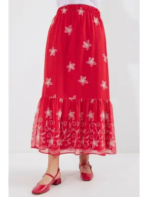 8010 Desenli Şifon Etek - A.Kırmızı