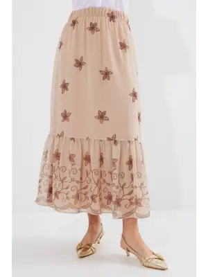 8010 Desenli Şifon Etek - Vizon