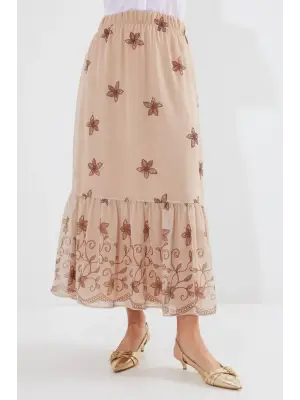 8010 Desenli Şifon Etek - Vizon