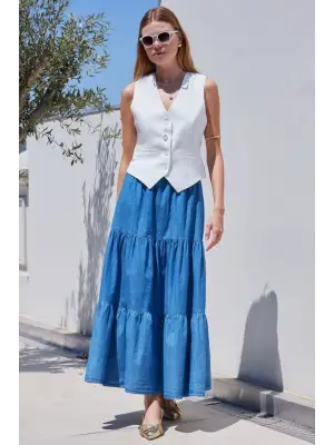 8022 Volanlı Uzun Kot Etek - Lacivert
