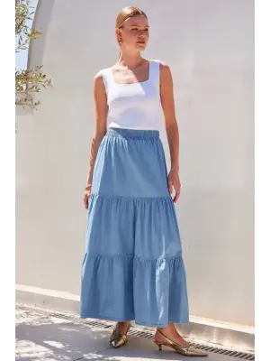 8022 Volanlı Uzun Kot Etek - Mavi