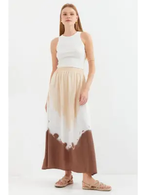 8025 Desenli Uzun Viskon Etek - Bej