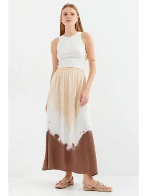 8025 Desenli Uzun Viskon Etek - Bej