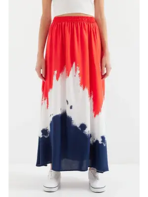 8025 Desenli Uzun Viskon Etek - Kırmızı