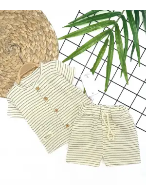 Zarif Çizgili Müslin Kumaş Yazlık Bebek Takımı