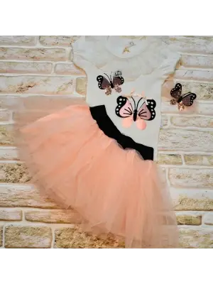Zarif Payetli Kelebek Nakışlı Tütü Etek Kız Bebek Takımı