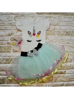 Etkileyici Kısa Kollu Tütü Etek 3lü Kız Bebek Takımı