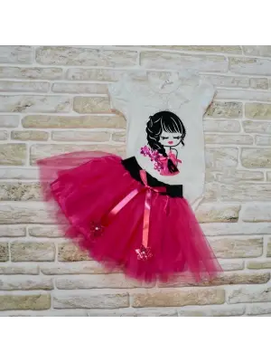 Zarif Nakışlı Kısa Kollu Tütü Etek 2li Bebek Takımı