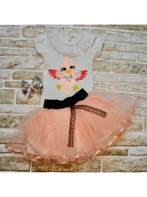 Şık Kuş Desenli Tişört ve Tütü Etek Kız Bebek Takımı