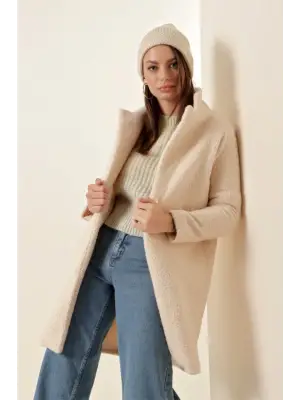 Ekru Oversize Kaşe Kaban Kadın Giyim