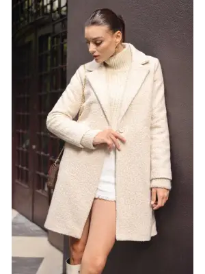 Krem Oversize Kaşe Kaban Kadın Giyim