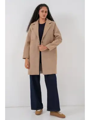 9085 Balık Sırtı Kaşe Kaban - Camel