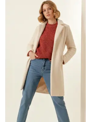 Oversize Kaşe Kaban - Modern Krem