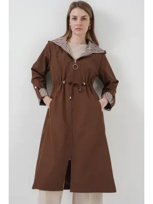 9091 Beli Büzgülü Kapşonlu Trençkot - M. Kahverengi