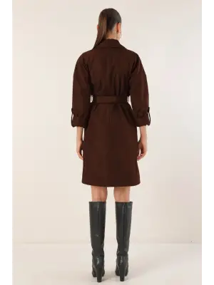 9104 Kruvaze Yaka Astarlı Trençkot - A.Kahve