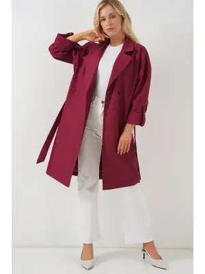 9104 Kruvaze Yaka Astarlı Trençkot - Bordo