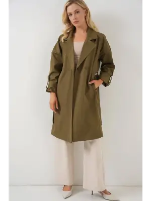 9104 Kruvaze Yaka Astarlı Trençkot - Haki