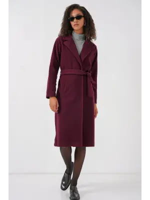 9118 Kruvaze Yaka Kaşe Kaban - Bordo