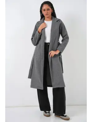 9118 Kruvaze Yaka Kaşe Kaban - Füme