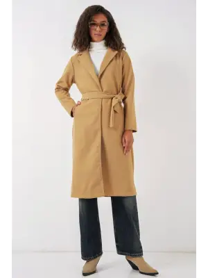 9118 Kruvaze Yaka Kaşe Kaban - Hardal