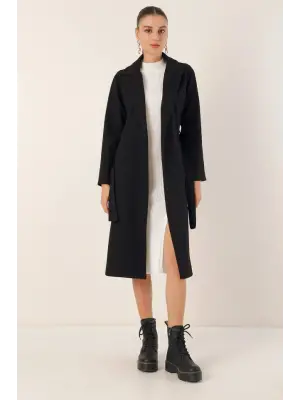 9118 Kruvaze Yaka Kaşe Kaban - Siyah