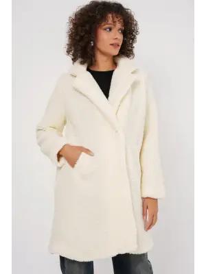 Ekru Oversize Peluş Kaban Kadın Giyim