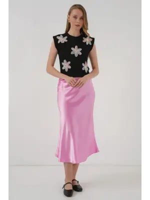 930 Kısa Kol Desenli Crop Bluz - Siyah