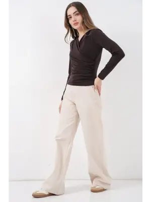 939 Anvelop Yaka Sandy Bluz - Kahverengi