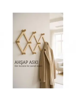 Ahşap Akordeon Duvar Askısı - Dekoratif, Çok Amaçlı, 10 Kancalı Akıllı Askılık