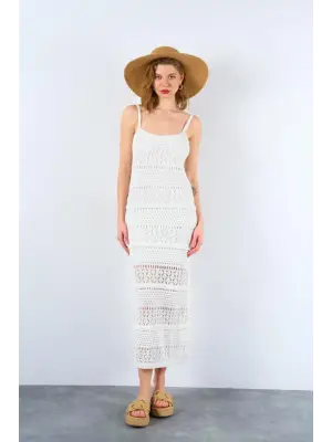 Ajurlu Astarlı Elbise - Ekru