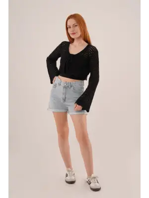 Omarı Zarif Siyah Ajurlu Crop Hırka