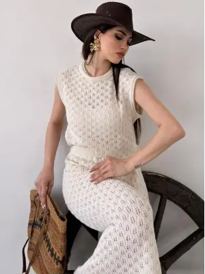 Alt Üst Takım- Bluz & Etek Triko - Krem