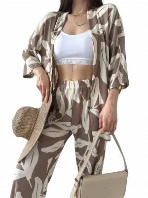Etnik Desenli Kimono Takım Kahverengi