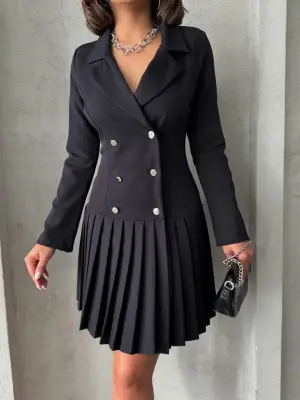 Omarı Siyah Altı Piliseli Uzun Kollu Elbise