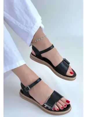 Siyah Cilt Sandalet Kadın Giyim