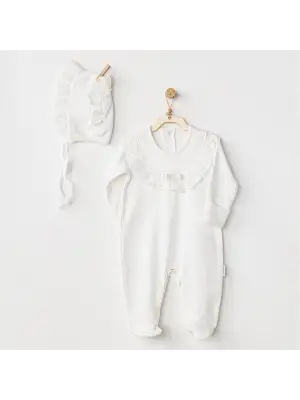 Omarı Yumuşak Pamuklu Bebek Tulum Takımı Ekru Renkli