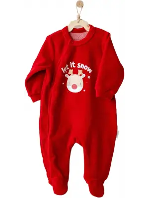 Omarı Parlak Kırmızı Kadife Bebek Tulum - Yeni Yıl Sevinçle Çocuğunuz İçin