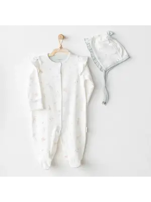 Omarı Sevimli Aile Temalı Ekru Bebek Tulum Takımı