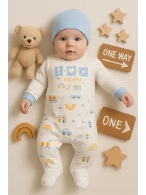 Araba Desenli Mavi 2li Şapkalı Erkek Bebek Tulumu