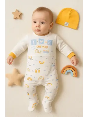 Araba Desenli Sarı 2li Şapkalı Erkek Bebek Tulumu